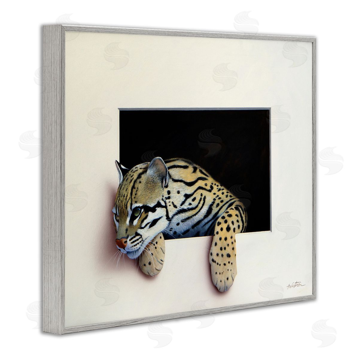 Alan Weston Wildlife Ocelot Resting Paws Cutout Illusion Gray Framed Giclee Wall Art Print