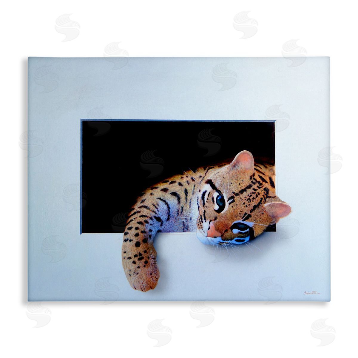 Alan Weston Baby Ocelot Cat Relaxing Paw Dark Mysterious Space Stretched Canvas Wall Art Print