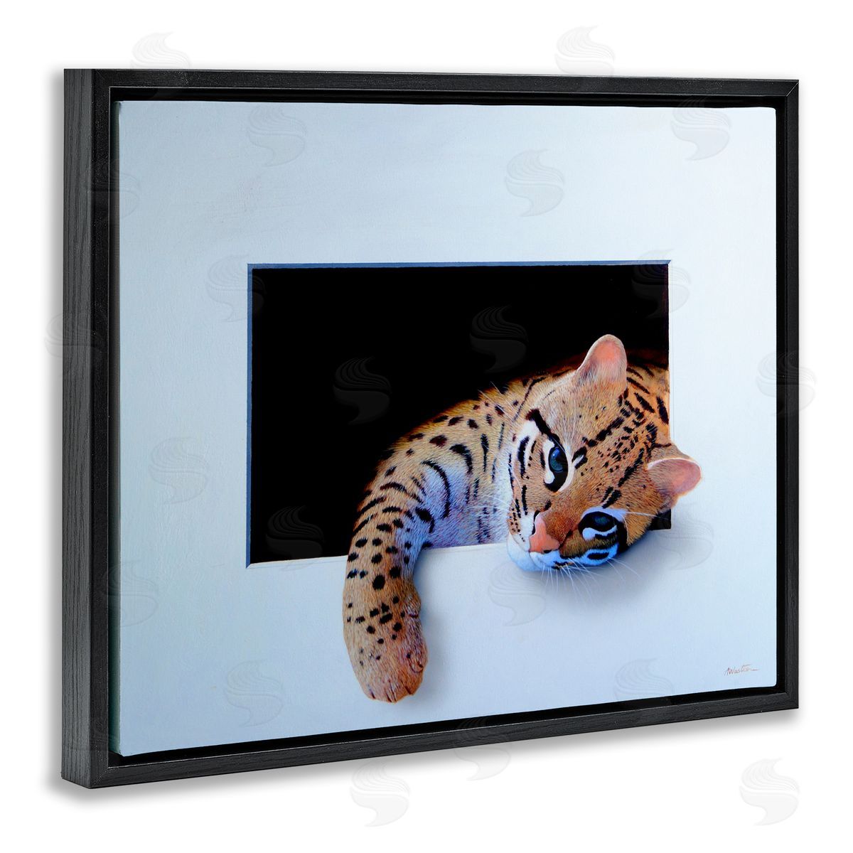 Alan Weston Baby Ocelot Cat Relaxing Paw Dark Mysterious Space Black Floating Frame Canvas Wall Art Print