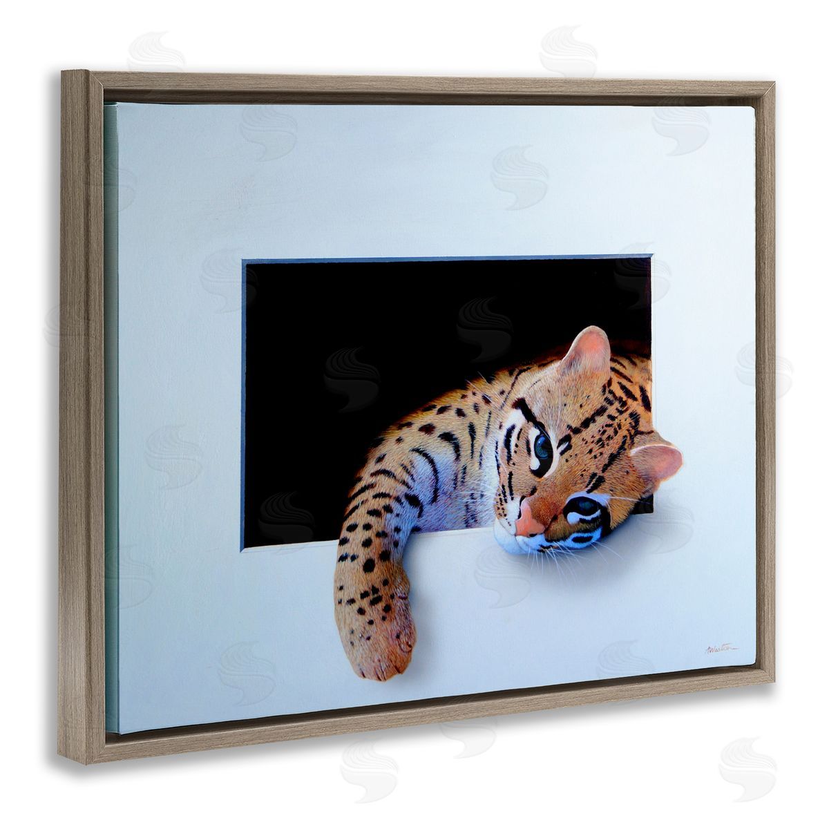 Alan Weston Baby Ocelot Cat Relaxing Paw Dark Mysterious Space Brown Floating Frame Canvas Wall Art Print