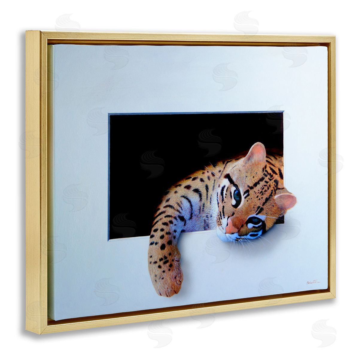 Alan Weston Baby Ocelot Cat Relaxing Paw Dark Mysterious Space Gold Floating Frame Canvas Wall Art Print