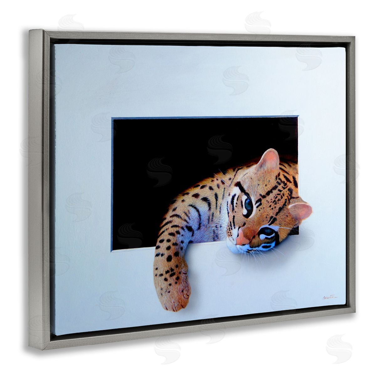 Alan Weston Baby Ocelot Cat Relaxing Paw Dark Mysterious Space Gray Floating Frame Canvas Wall Art Print