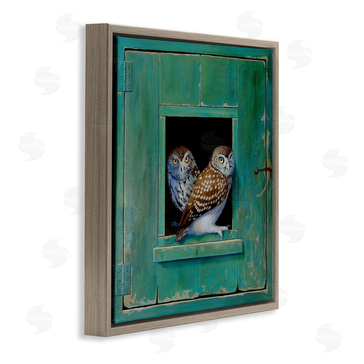 Spotted Owls Perched Ledge Brown Floating Frame Canvas Wall Art, Home Decor by Alan Weston