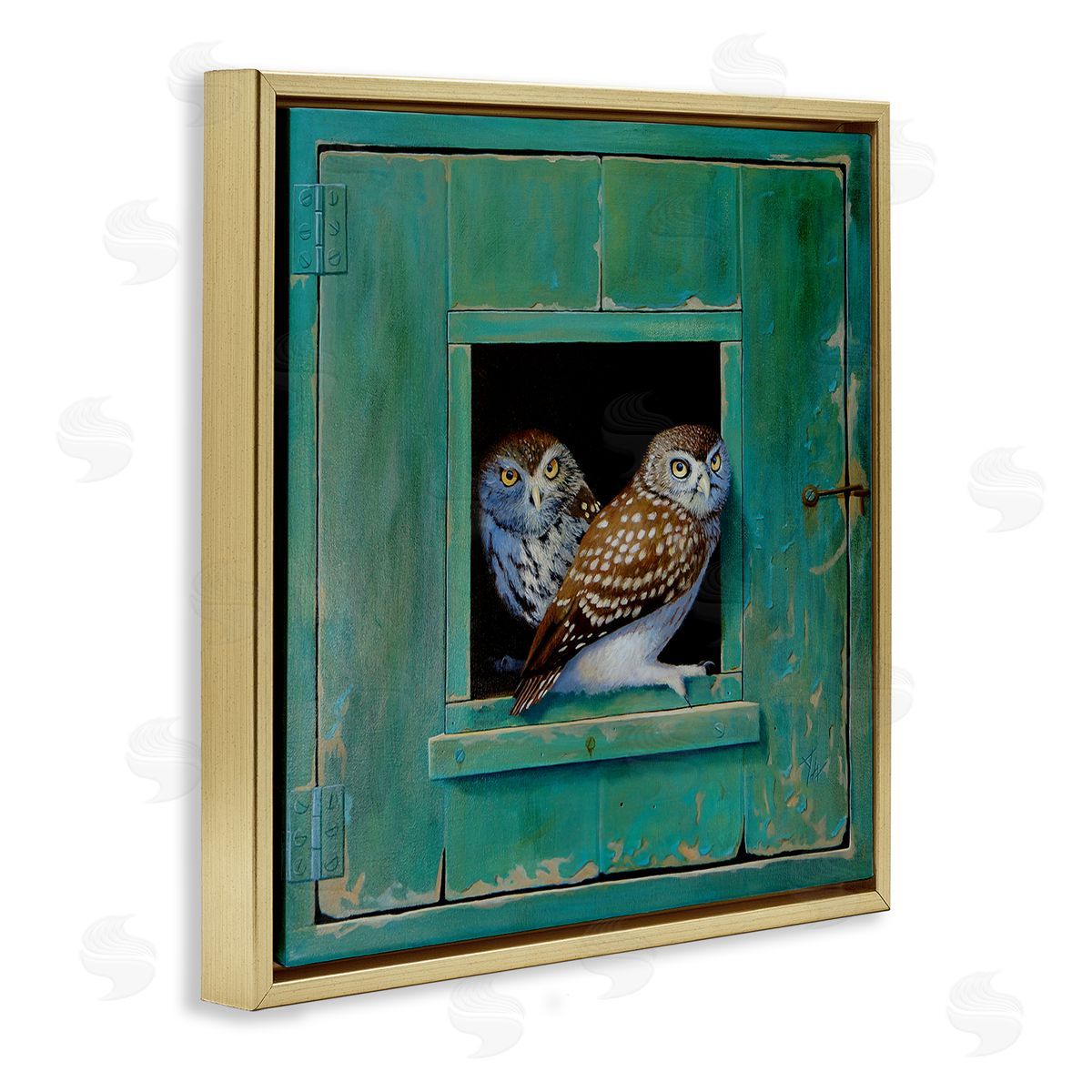Spotted Owls Perched Ledge Gold Floating Frame Canvas Wall Art, Home Decor by Alan Weston