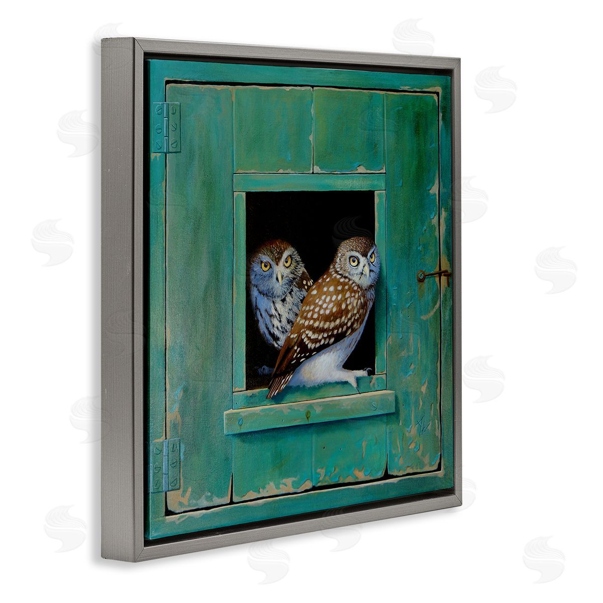 Spotted Owls Perched Ledge Grey Floating Frame Canvas Wall Art, Home Decor by Alan Weston