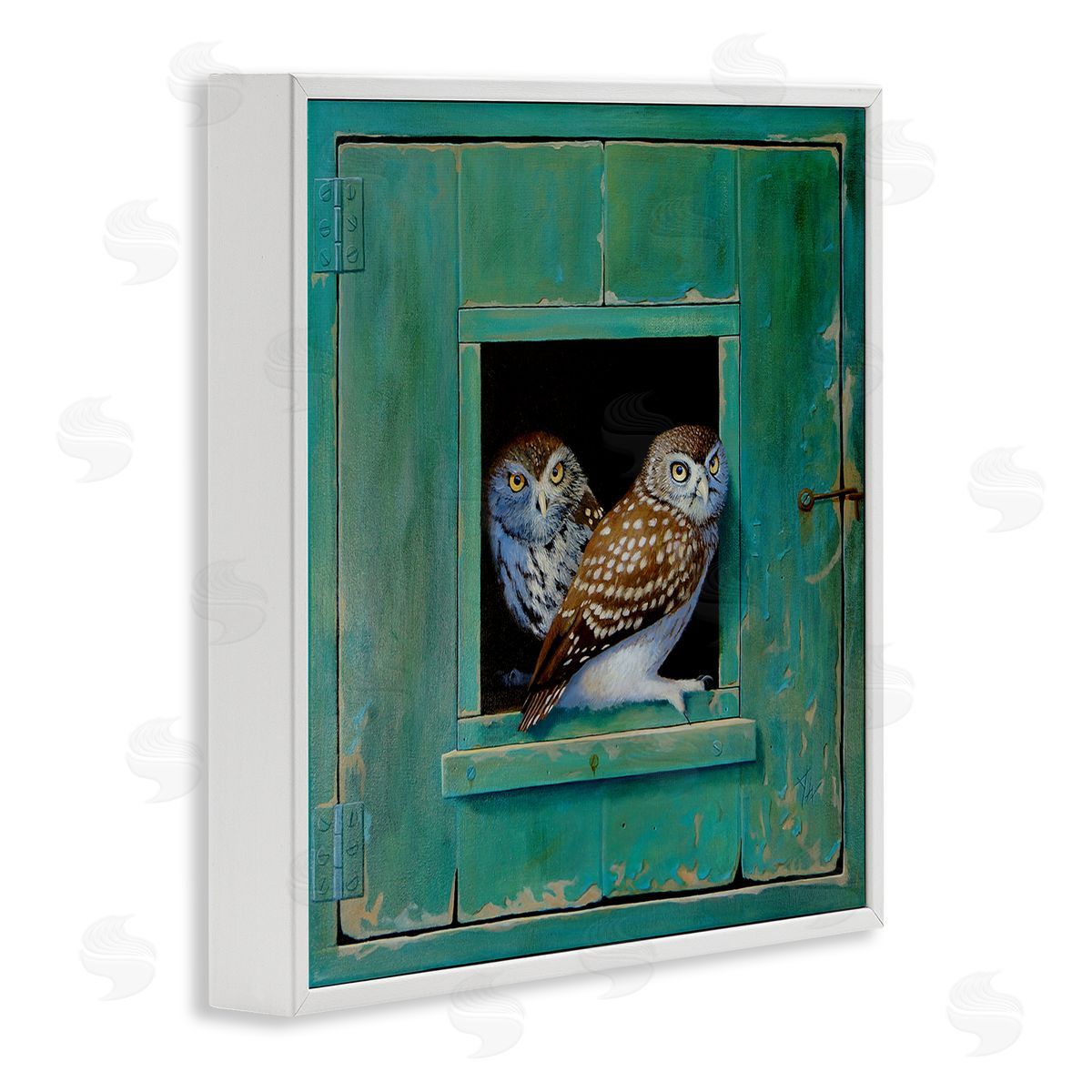 Spotted Owls Perched Ledge White Frame Print Wall Art, Home Decor by Alan Weston