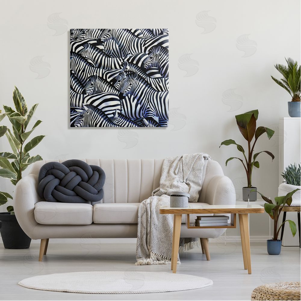 Alan Weston Crowded Zebra Herd Black Stripes Animals Painting Canvas Wall Art in Room