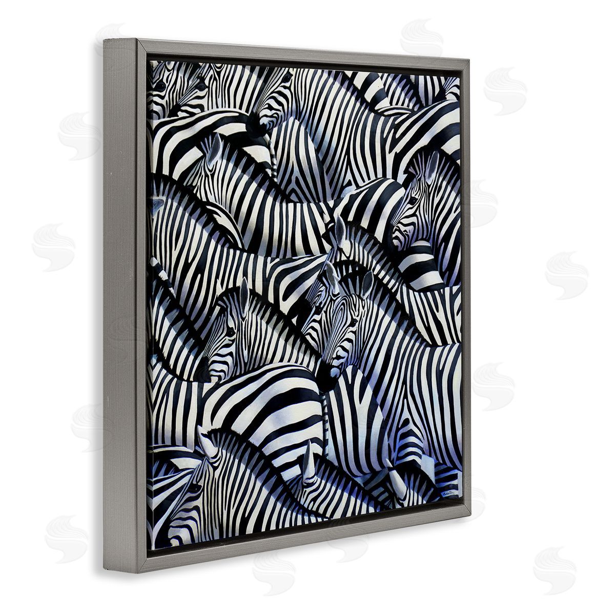 Alan Weston Crowded Zebra Herd Black Stripes Animals Painting Gray Floating Frame Canvas Wall Art Print