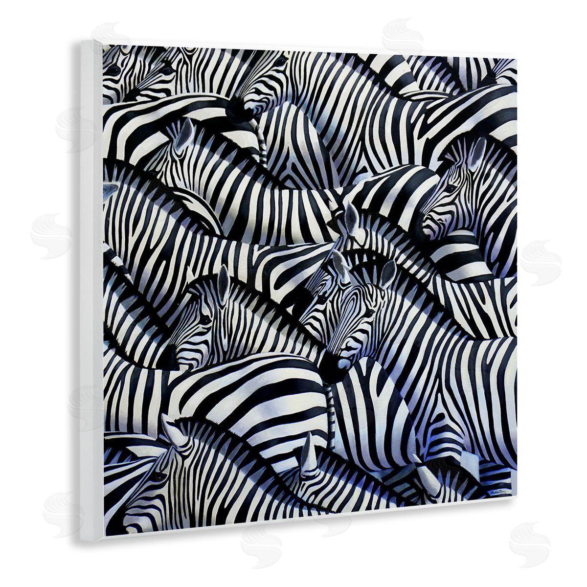 Alan Weston Crowded Zebra Herd Black Stripes Animals Painting Wooden Wall Plaque Art Print