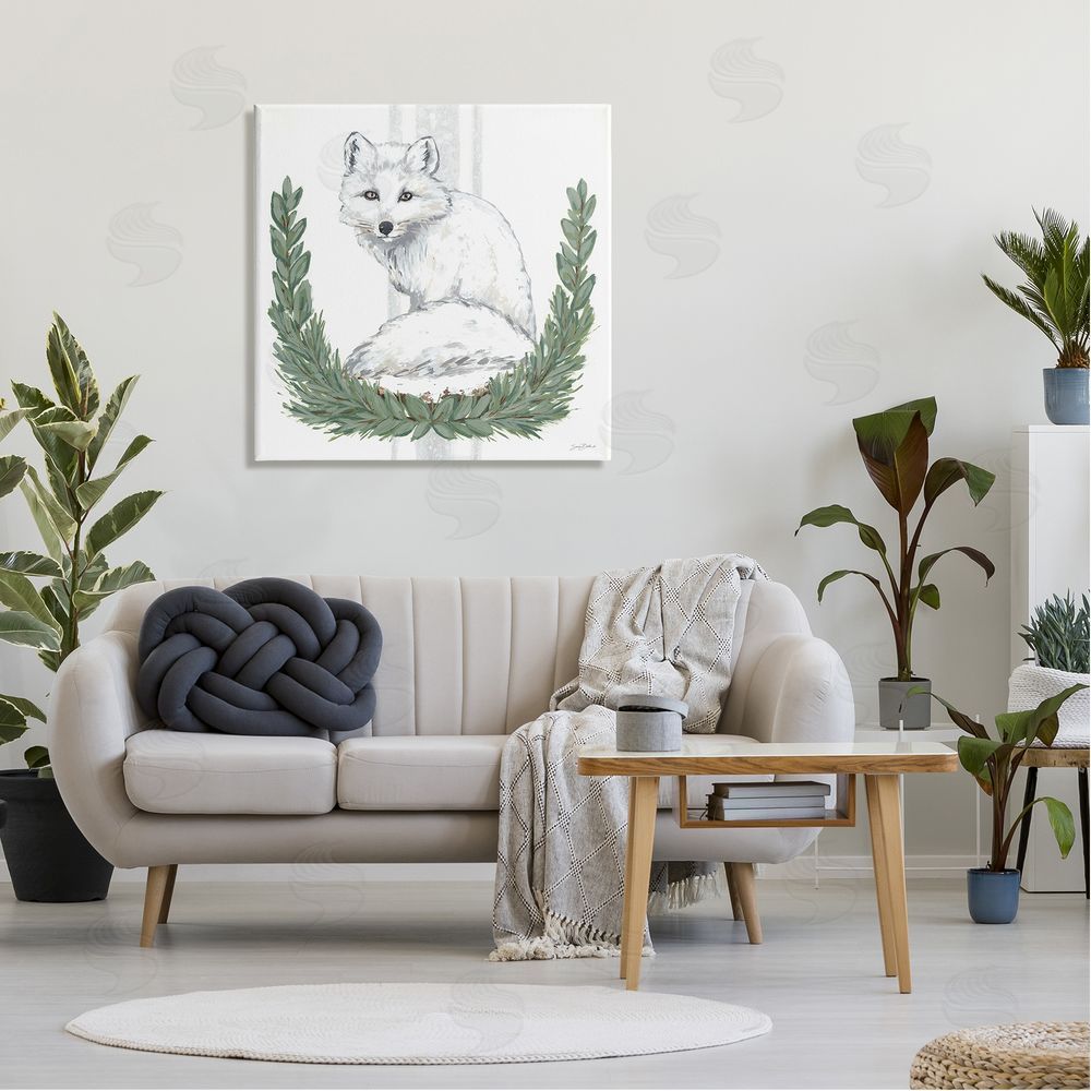 Sara Baker White Arctic Fox Stripes Botanical Laurel Border  Canvas Wall Art in Room