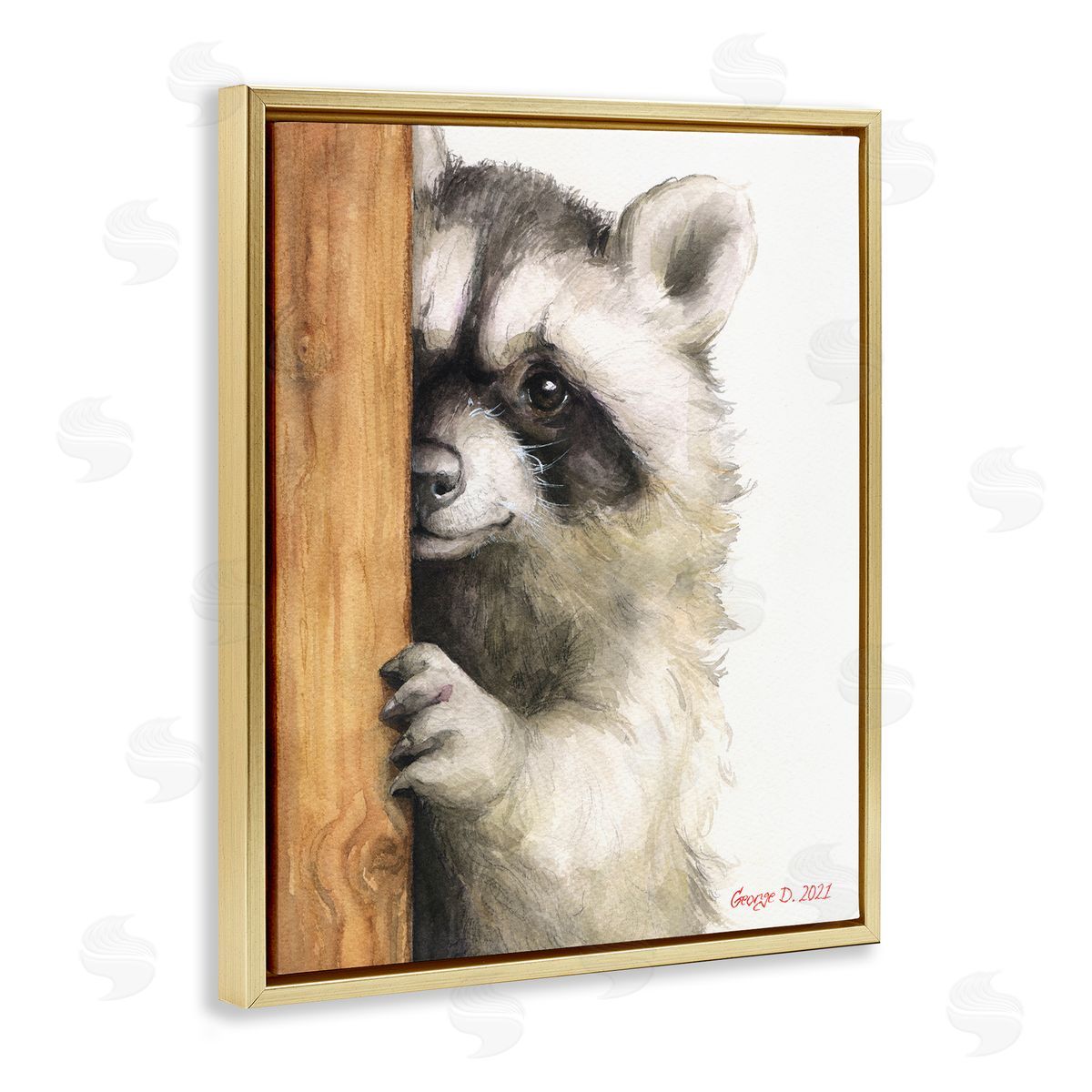 Peering Raccoon Watercolor Gold Floating Frame Canvas Wall Art, Home Decor by George Dyachenko
