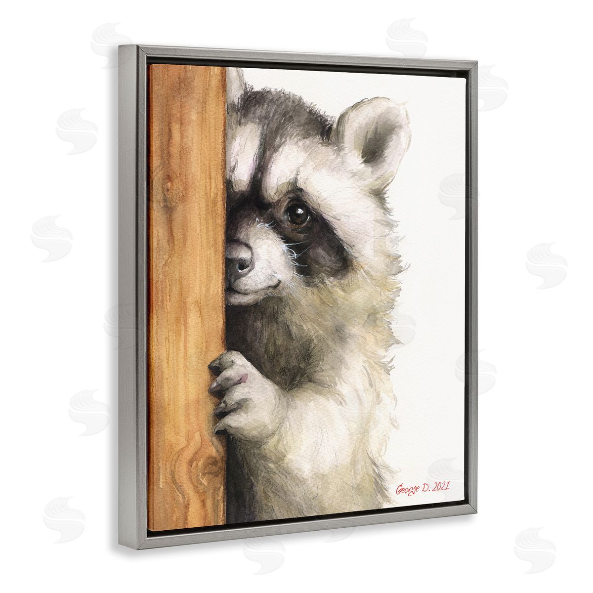 Peering Raccoon Watercolor Grey Floating Frame Canvas Wall Art, Home Decor by George Dyachenko