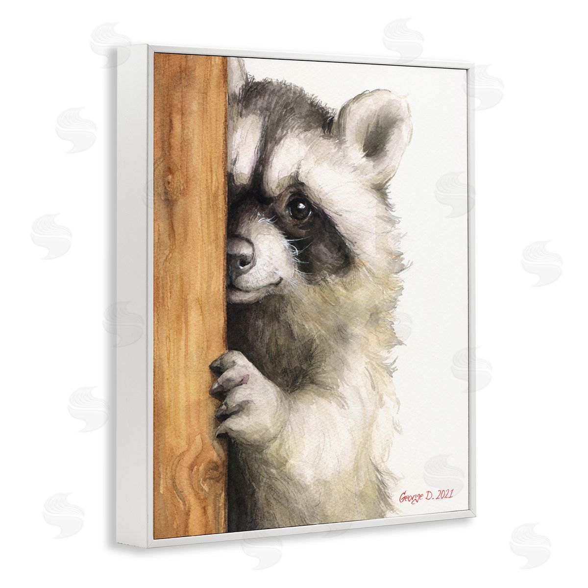 Peering Raccoon Watercolor White Frame Print Wall Art, Home Decor by George Dyachenko