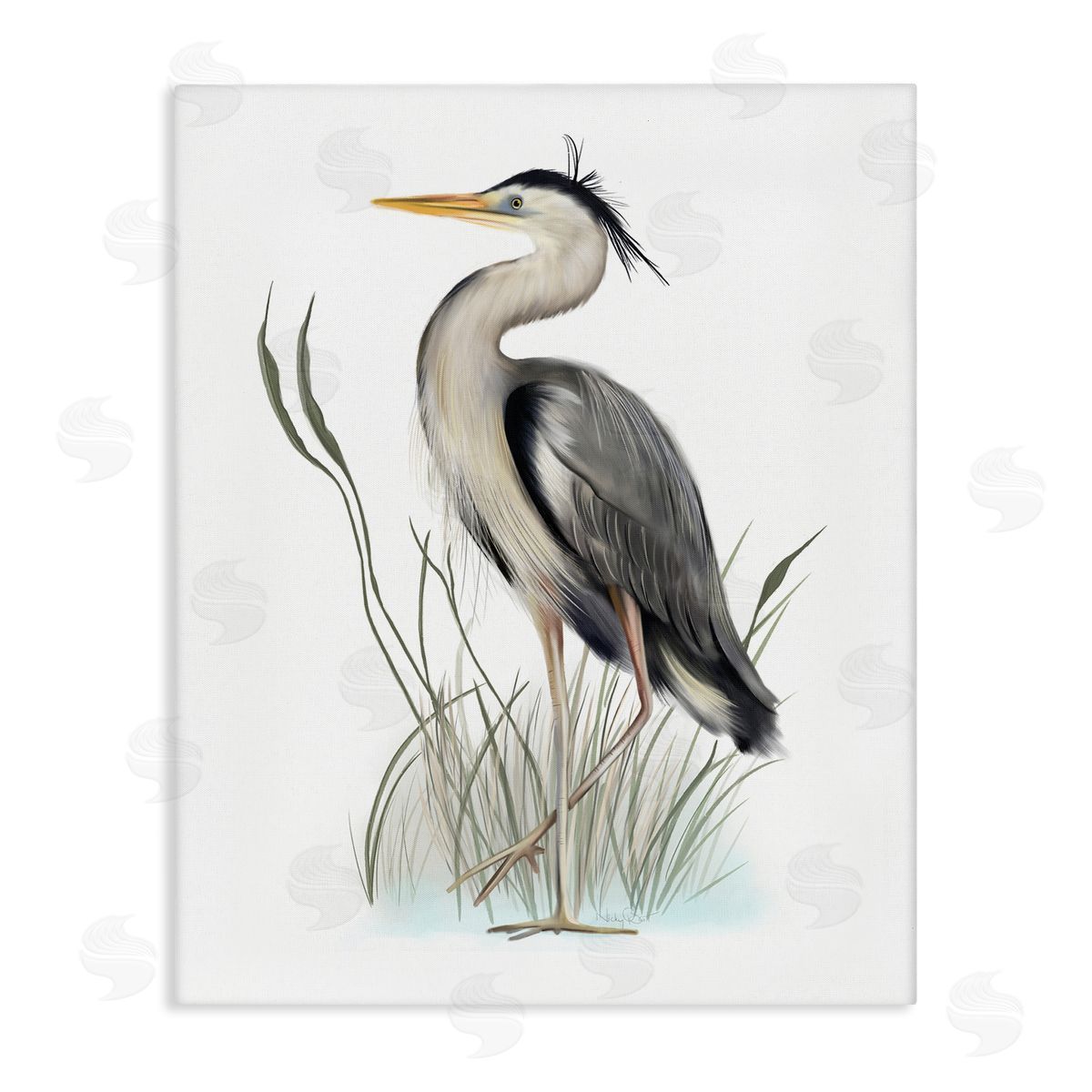 Studio Q Peaceful Heron Bird Standing Amidst Wild Grass Stretched Canvas Wall Art Print