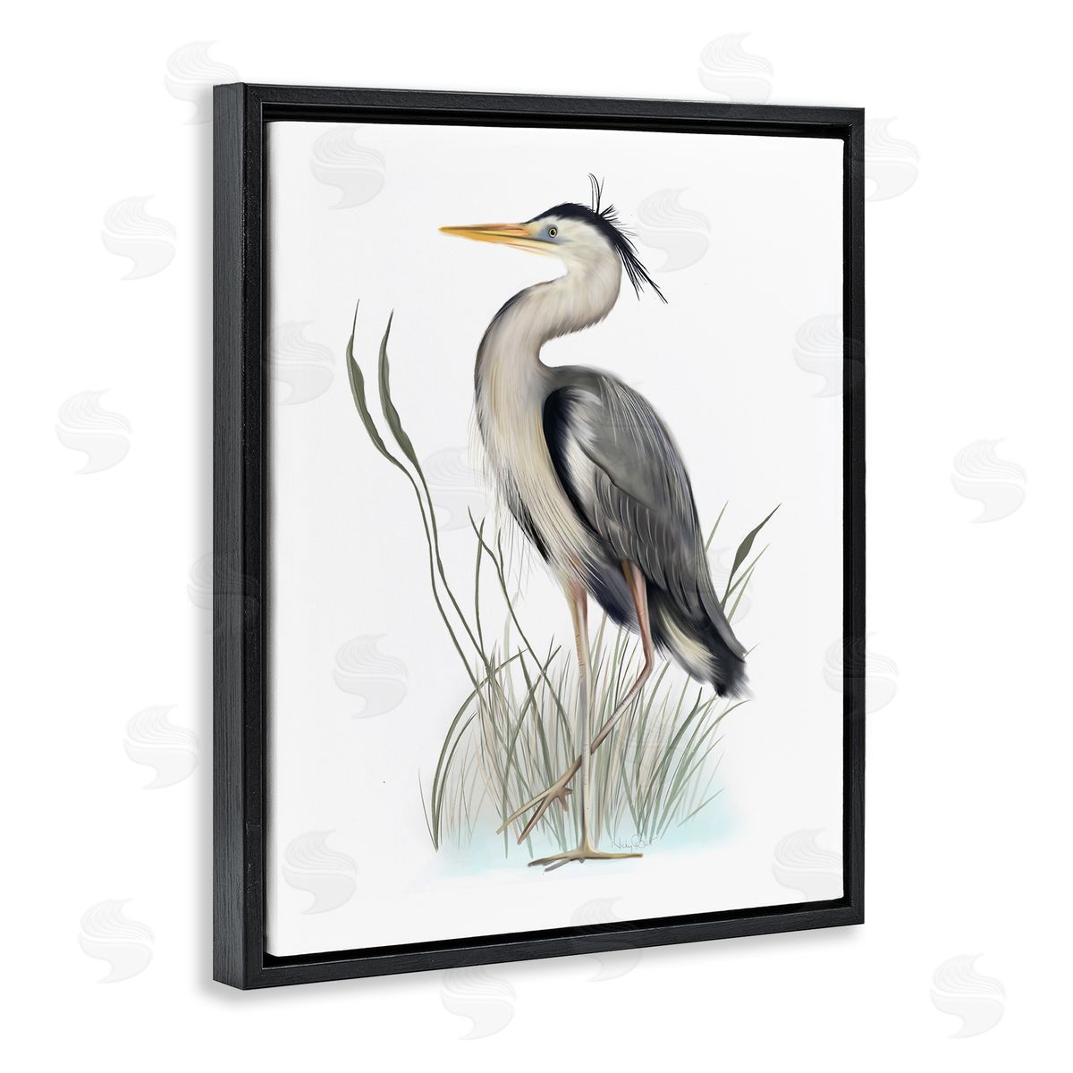 Studio Q Peaceful Heron Bird Standing Amidst Wild Grass Black Floating Frame Canvas Wall Art Print