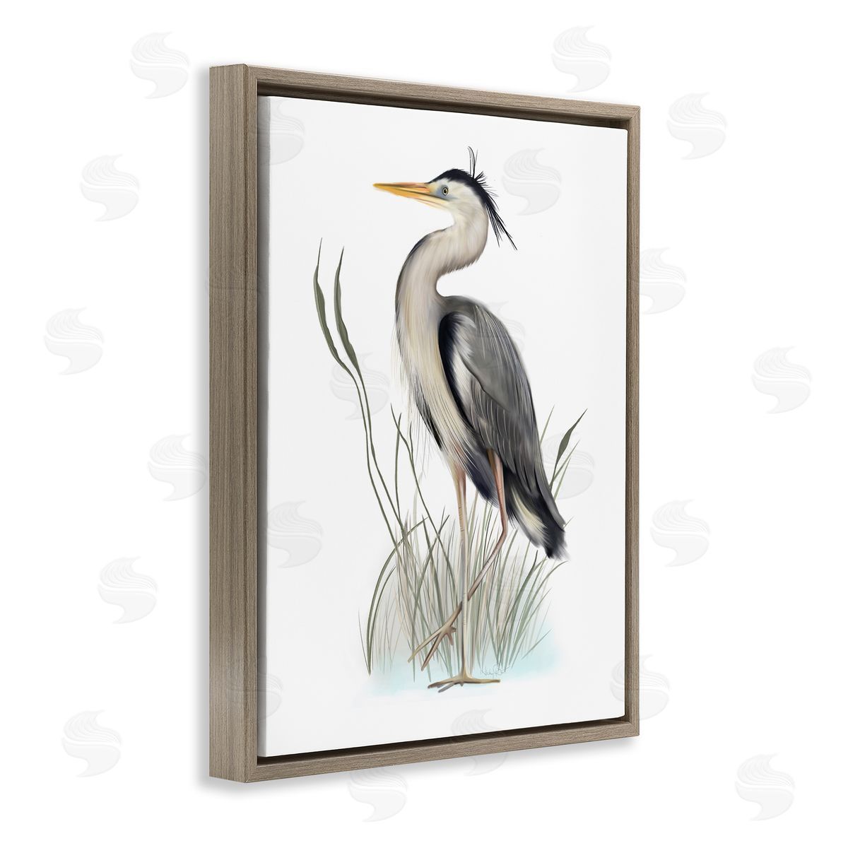Studio Q Peaceful Heron Bird Standing Amidst Wild Grass Brown Floating Frame Canvas Wall Art Print