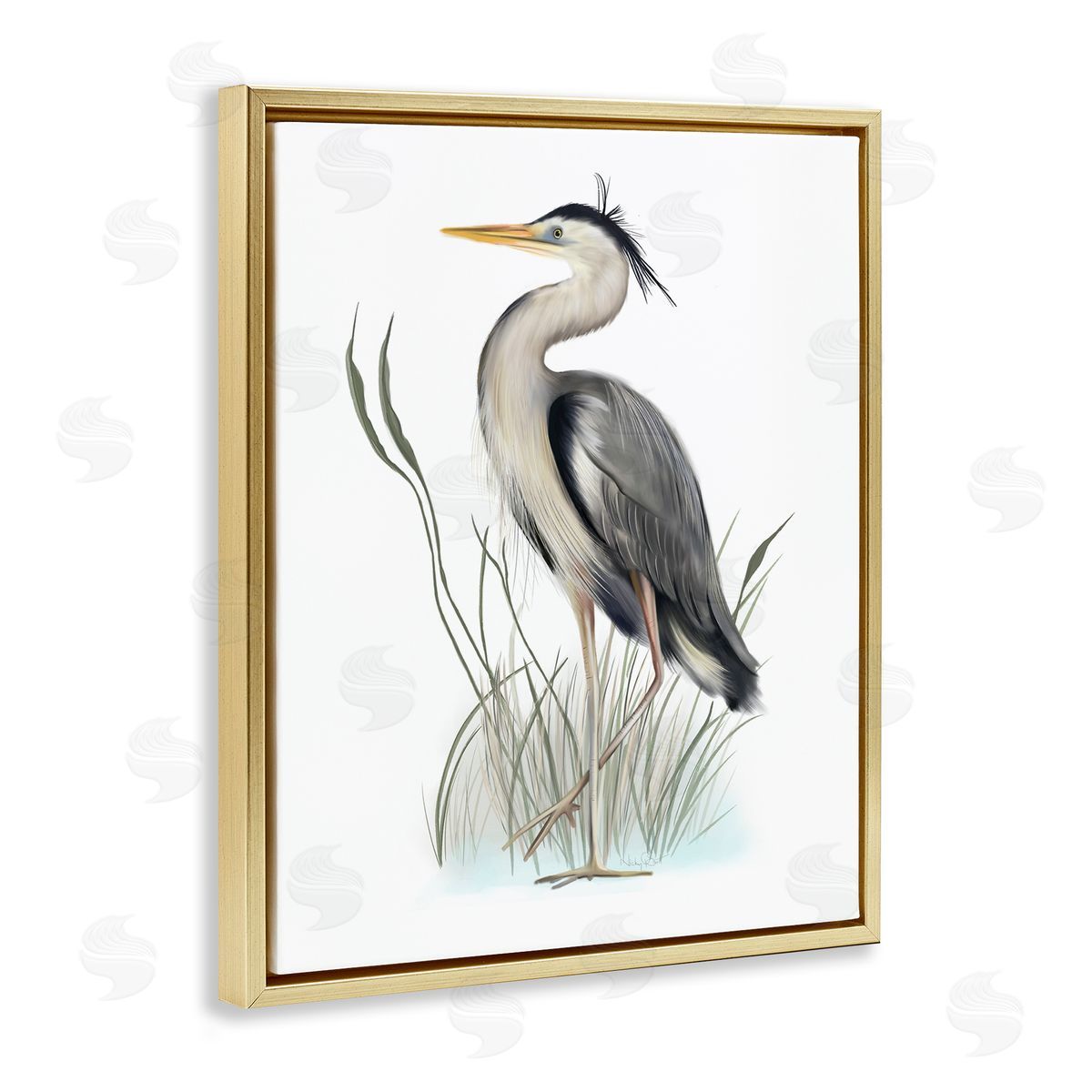 Studio Q Peaceful Heron Bird Standing Amidst Wild Grass Gold Floating Frame Canvas Wall Art Print