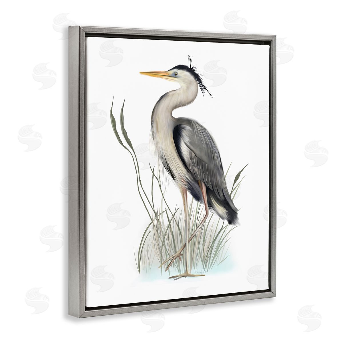 Studio Q Peaceful Heron Bird Standing Amidst Wild Grass Gray Floating Frame Canvas Wall Art Print