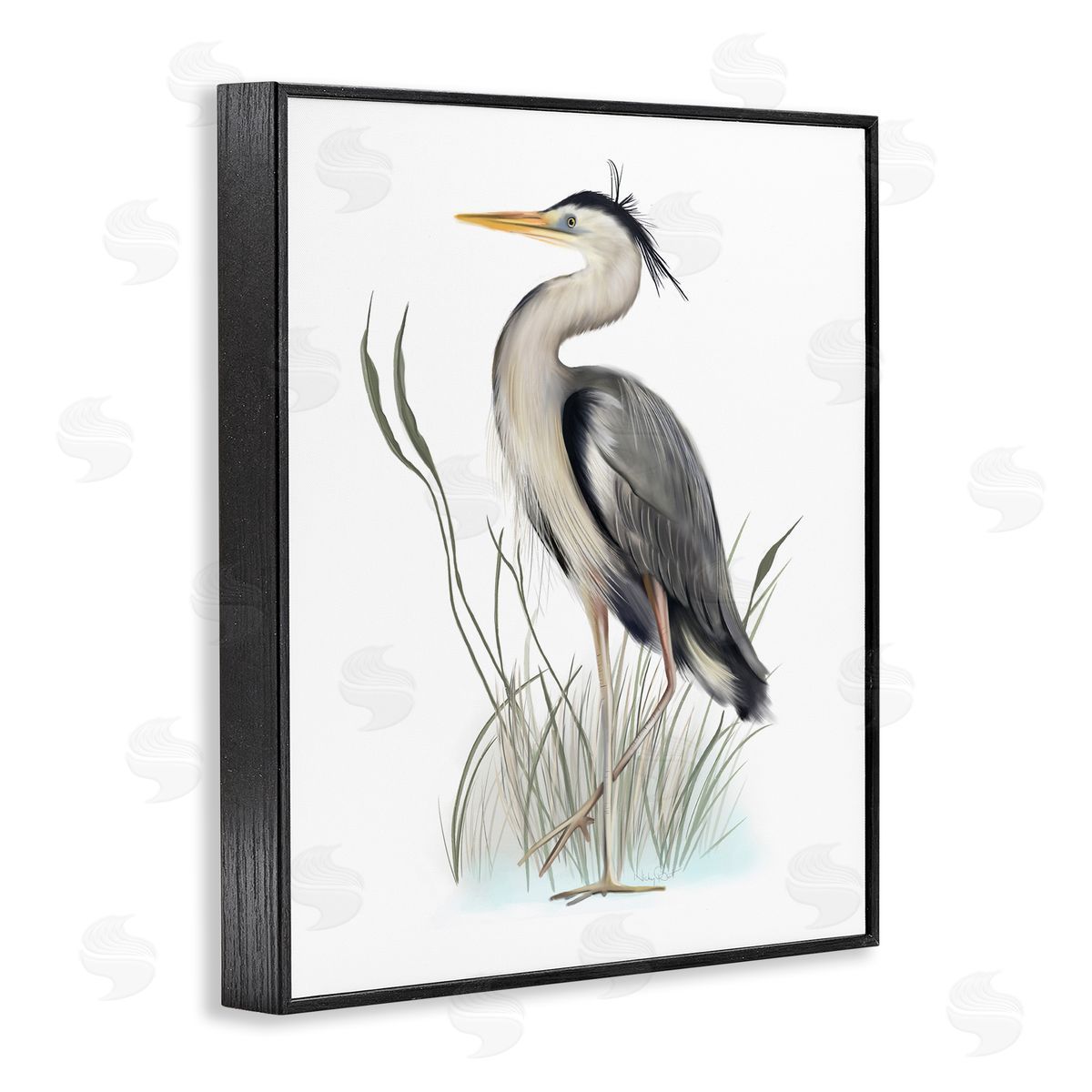 Studio Q Peaceful Heron Bird Standing Amidst Wild Grass Black Framed Giclee Wall Art Print
