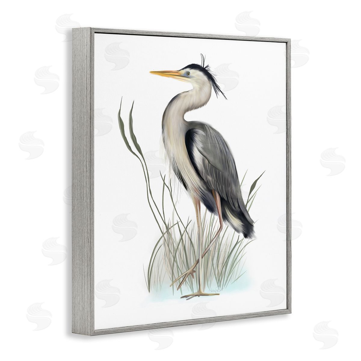 Studio Q Peaceful Heron Bird Standing Amidst Wild Grass Gray Framed Giclee Wall Art Print