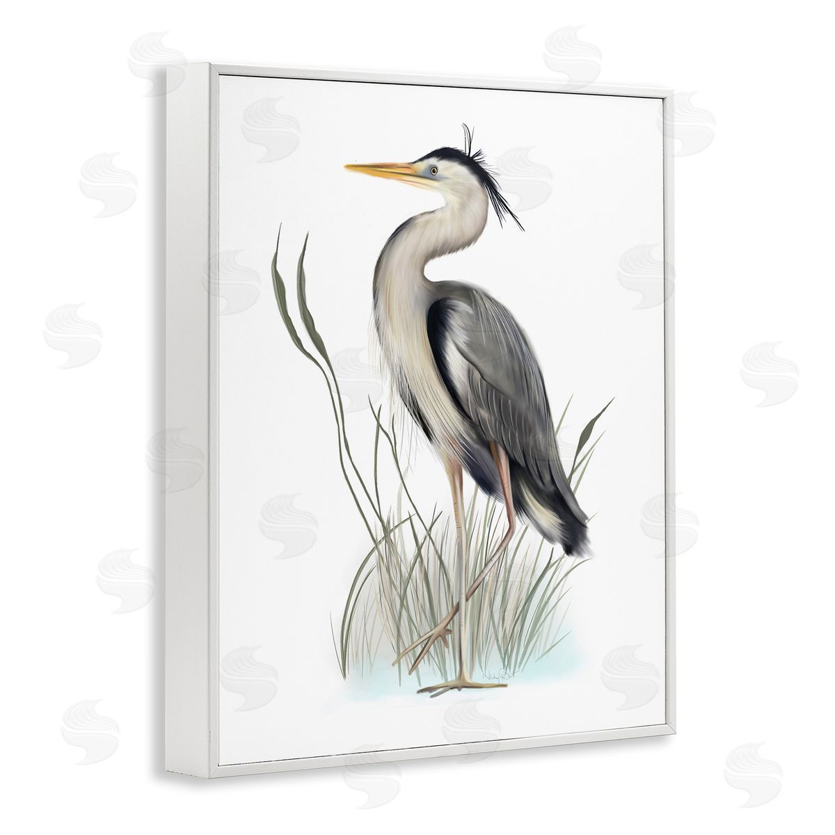 Studio Q Peaceful Heron Bird Standing Amidst Wild Grass White Framed Giclee Wall Art Print