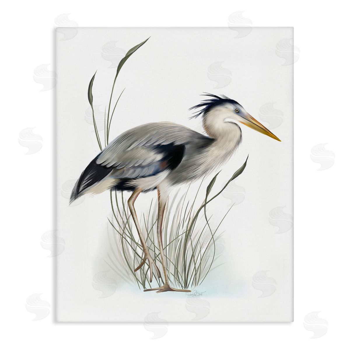 Studio Q Detailed Heron Bird Leering Wetland Grass Marsh Stretched Canvas Wall Art Print