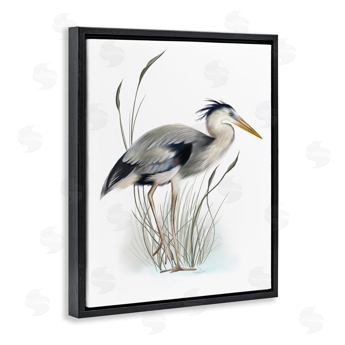 Studio Q Detailed Heron Bird Leering Wetland Grass Marsh Black Floating Frame Canvas Wall Art Print
