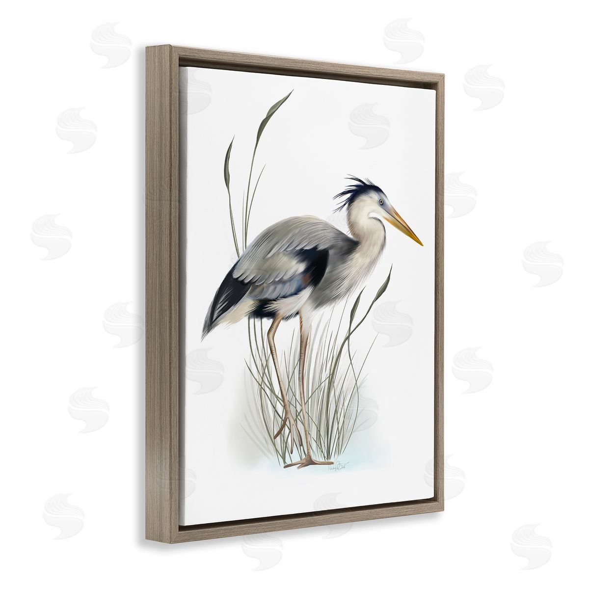 Studio Q Detailed Heron Bird Leering Wetland Grass Marsh Brown Floating Frame Canvas Wall Art Print