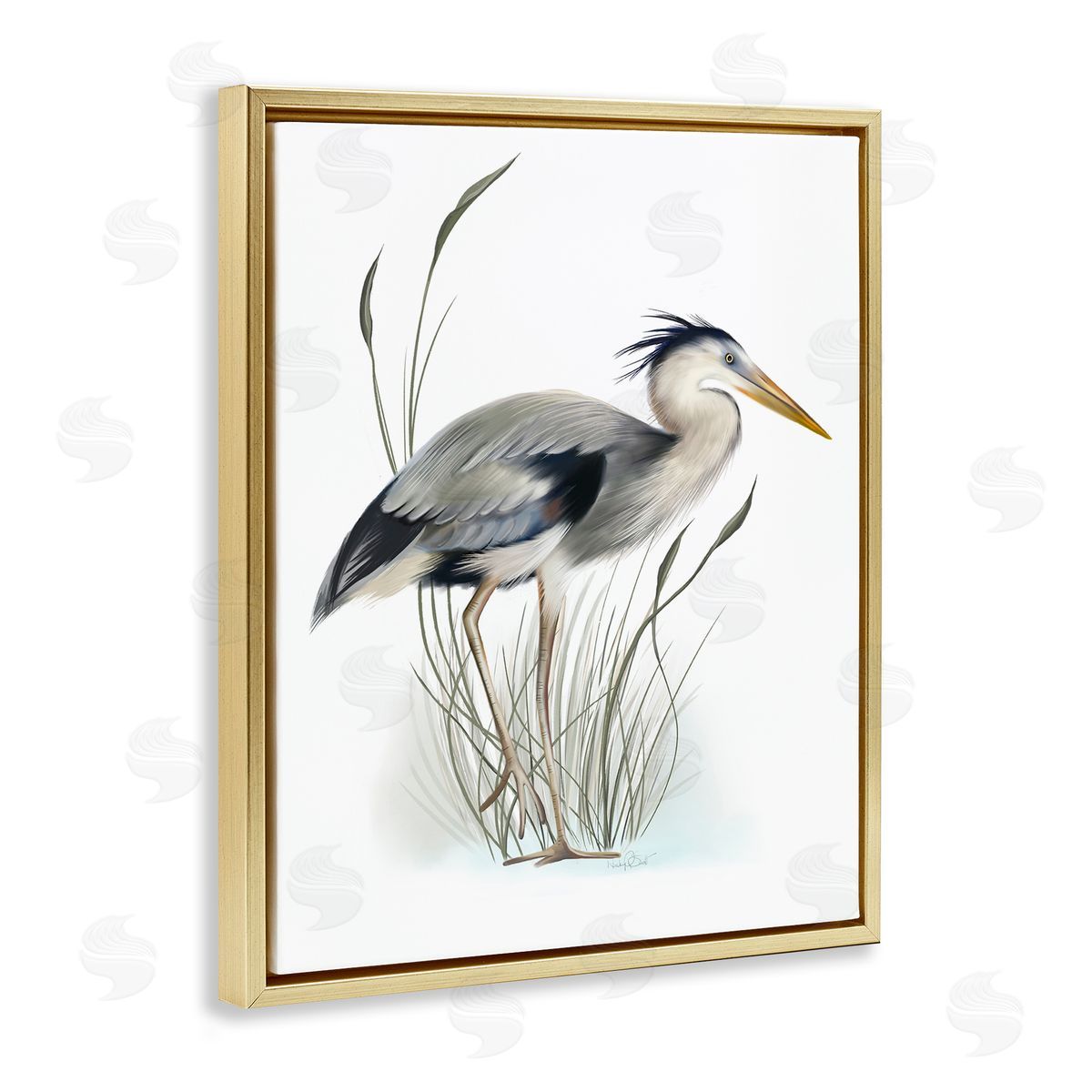 Studio Q Detailed Heron Bird Leering Wetland Grass Marsh Gold Floating Frame Canvas Wall Art Print