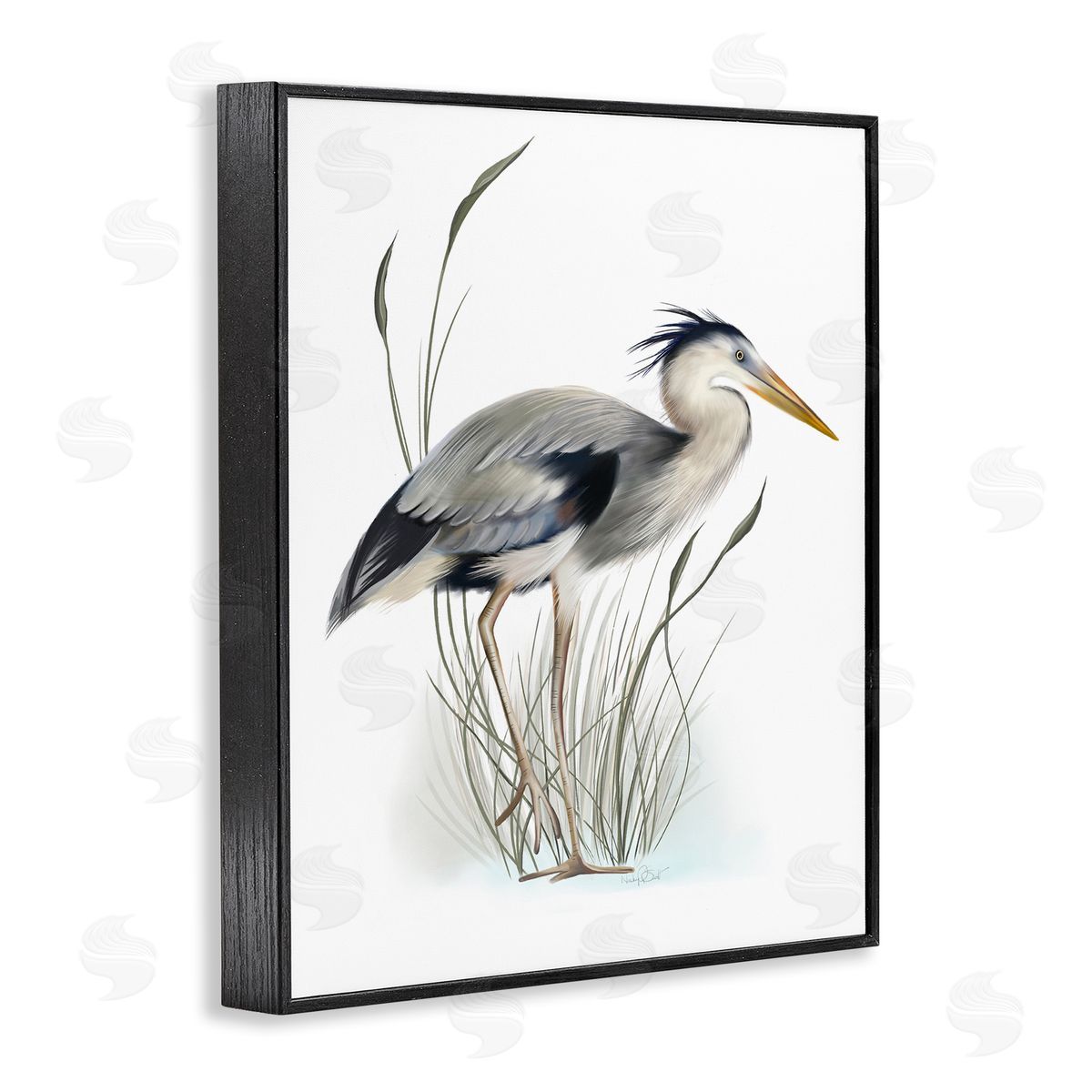 Studio Q Detailed Heron Bird Leering Wetland Grass Marsh Black Framed Giclee Wall Art Print