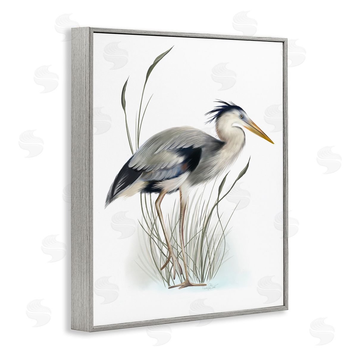 Studio Q Detailed Heron Bird Leering Wetland Grass Marsh Gray Framed Giclee Wall Art Print