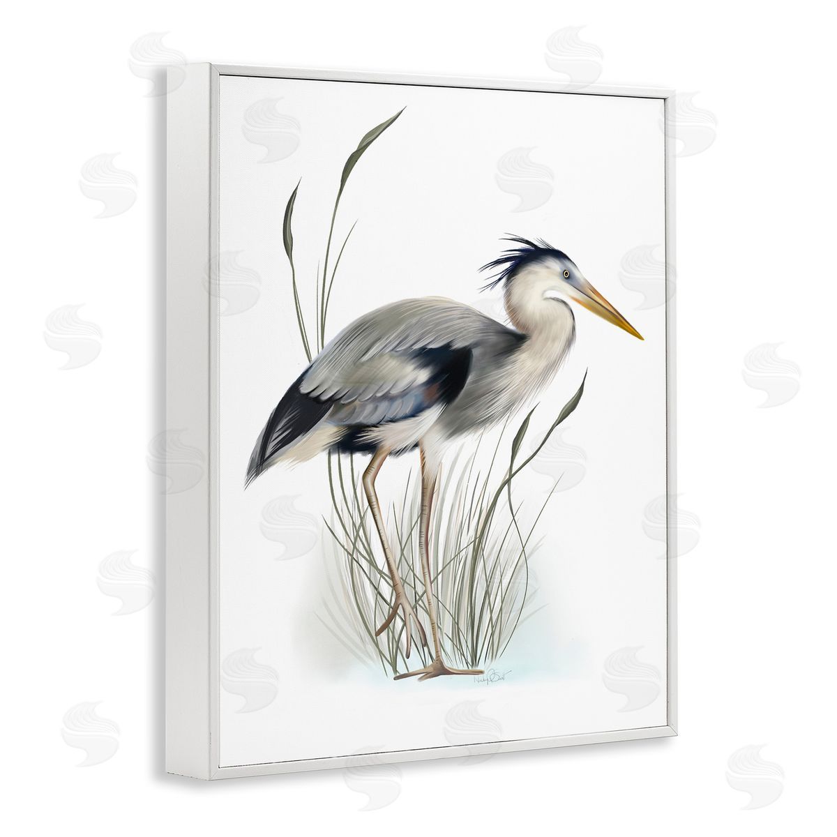 Studio Q Detailed Heron Bird Leering Wetland Grass Marsh White Framed Giclee Wall Art Print