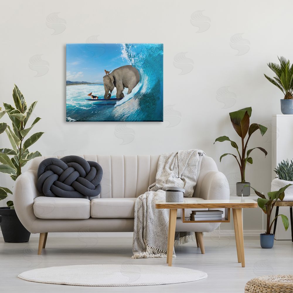 Nobleworks Animals Riding Ocean Waves Surfing Elephant Cat Dog Canvas Wall Art Print in Room