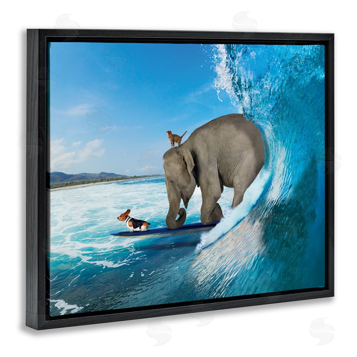 Nobleworks Animals Riding Ocean Waves Surfing Elephant Cat Dog Black Floating Frame Canvas Wall Art Print