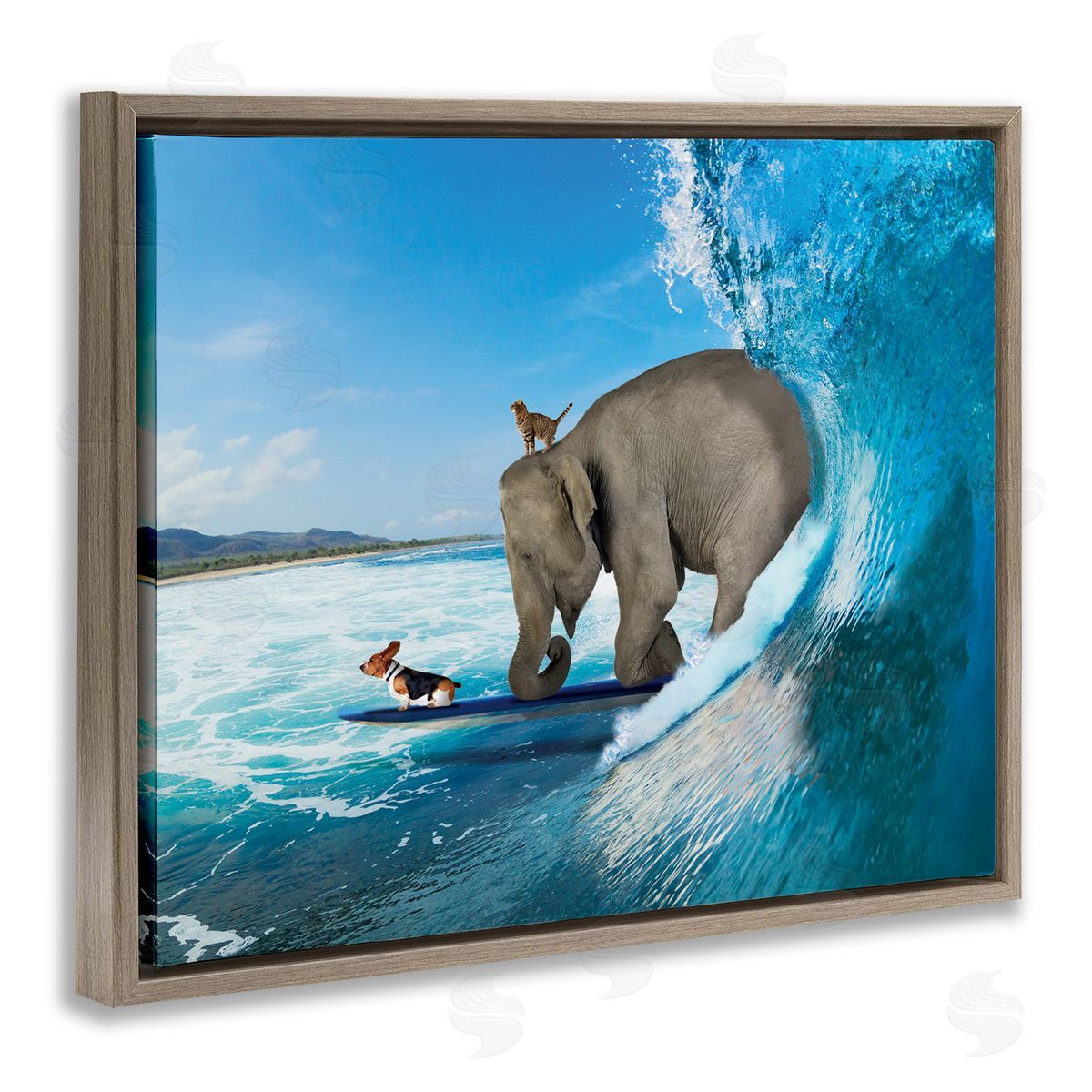 Nobleworks Animals Riding Ocean Waves Surfing Elephant Cat Dog Brown Floating Frame Canvas Wall Art Print