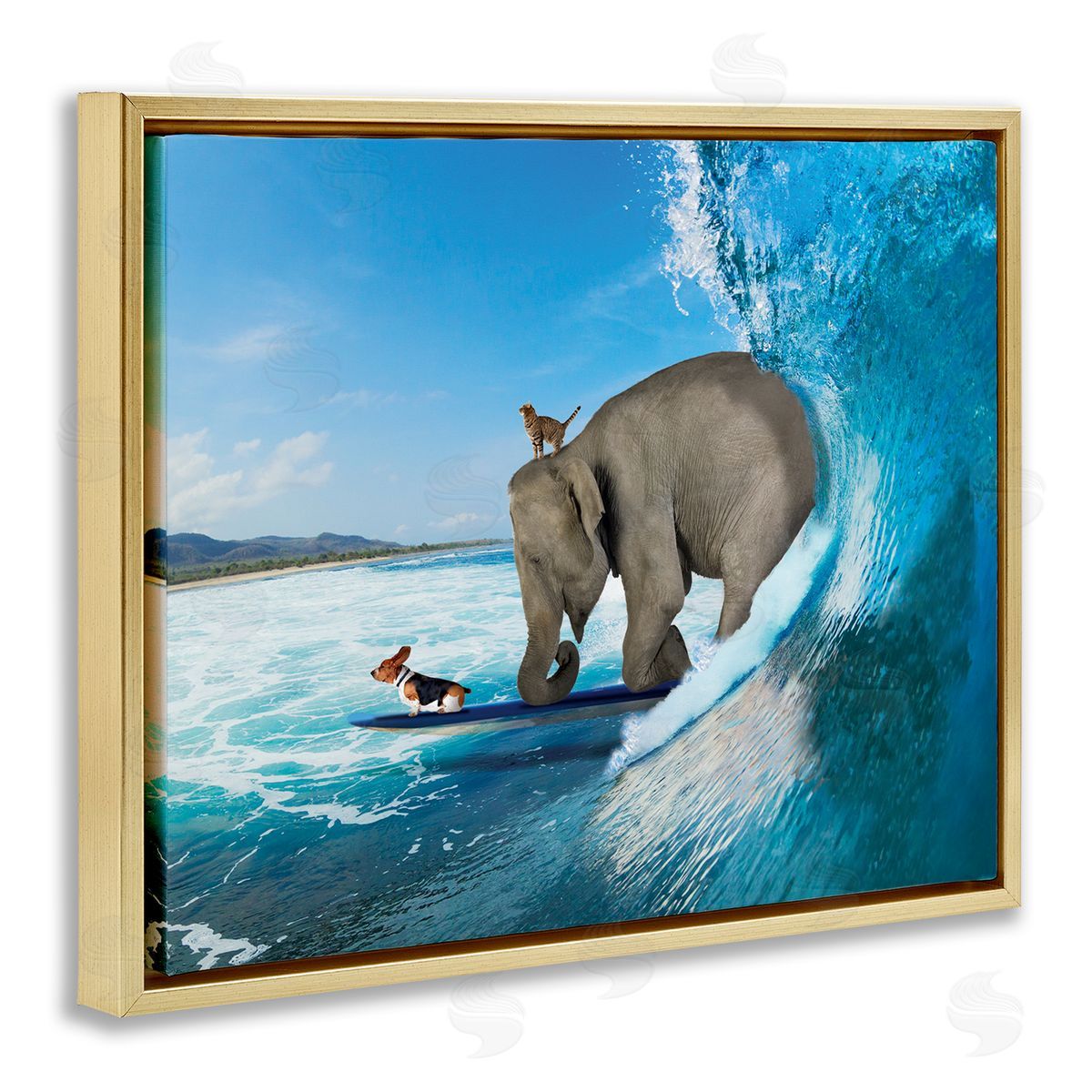 Nobleworks Animals Riding Ocean Waves Surfing Elephant Cat Dog Gold Floating Frame Canvas Wall Art Print