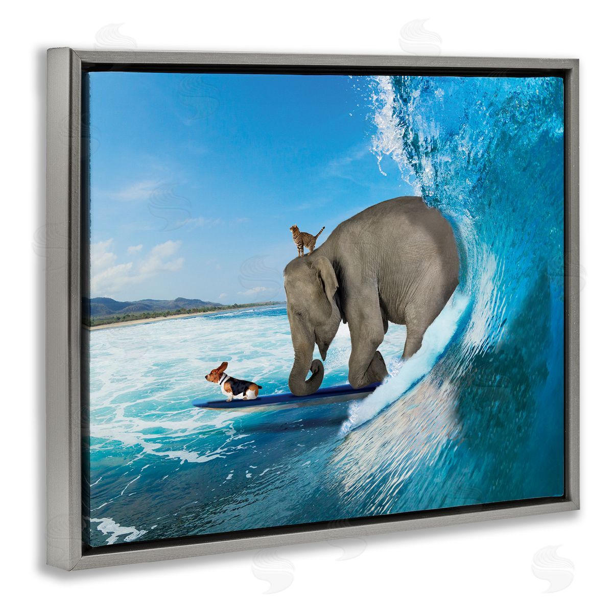 Nobleworks Animals Riding Ocean Waves Surfing Elephant Cat Dog Gray Floating Frame Canvas Wall Art Print