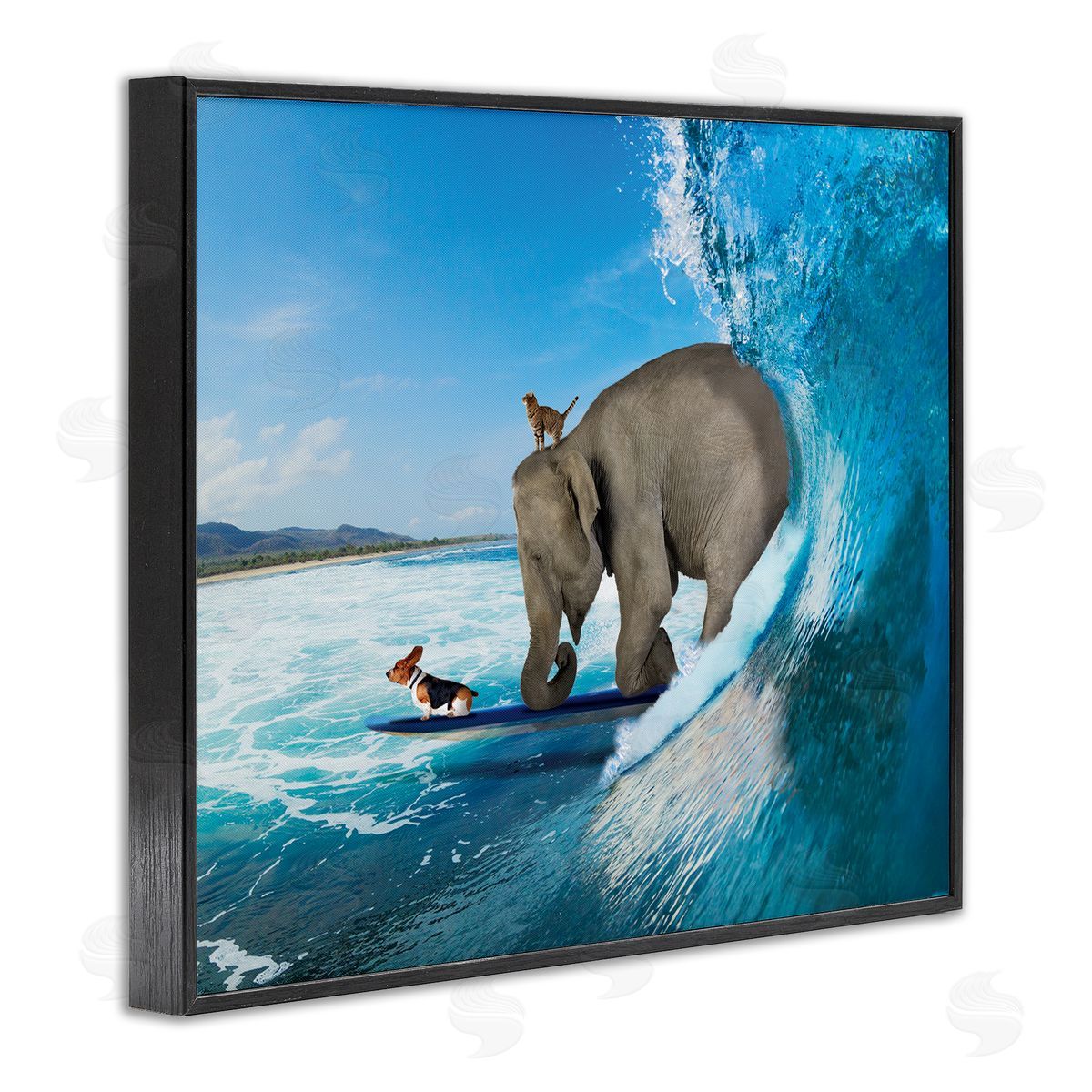 Nobleworks Animals Riding Ocean Waves Surfing Elephant Cat Dog Black Framed Giclee Wall Art Print