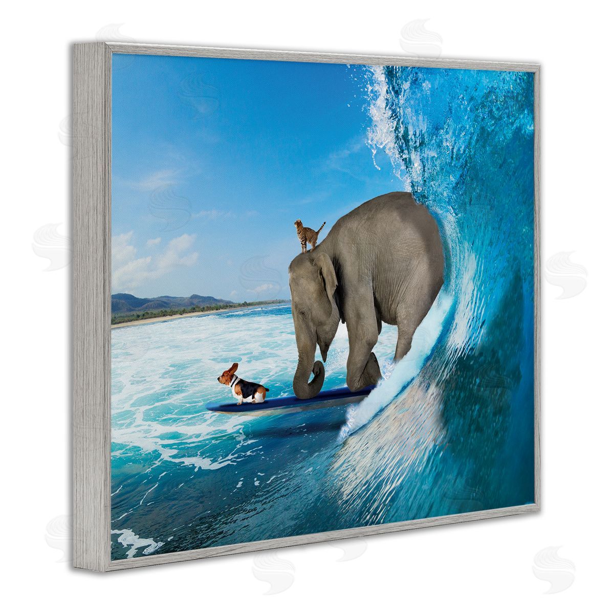 Nobleworks Animals Riding Ocean Waves Surfing Elephant Cat Dog Gray Framed Giclee Wall Art Print