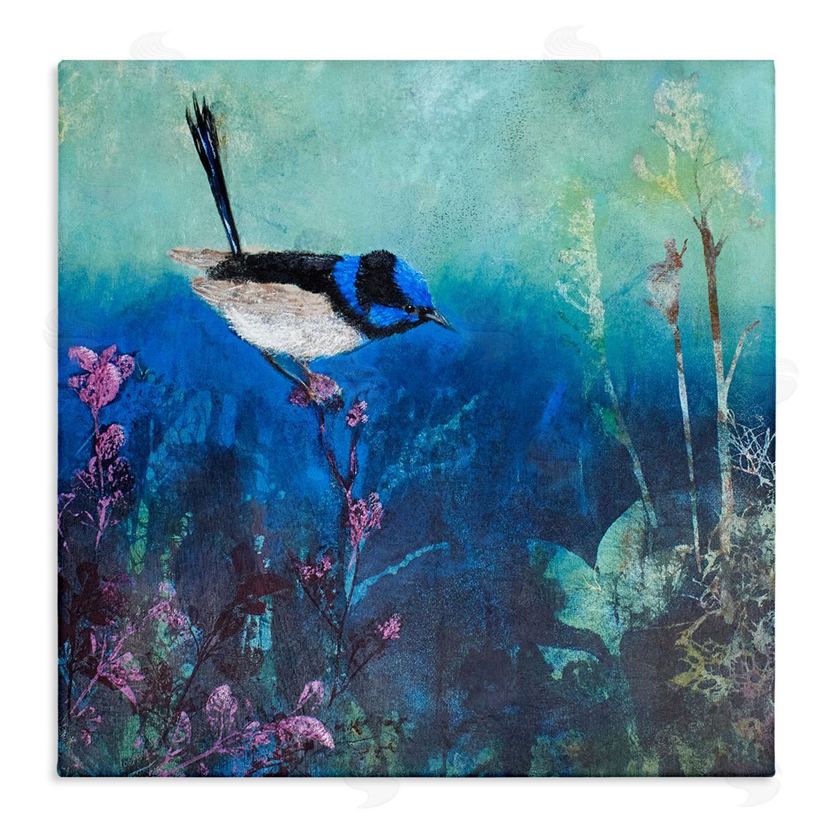 Trudy Rice Blue Bird Perched Sea Life Coral Underwater Scene Stretched Canvas Wall Art Print