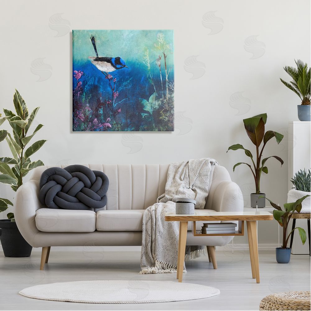 Trudy Rice Blue Bird Perched Sea Life Coral Underwater Scene Canvas Wall Art in Room