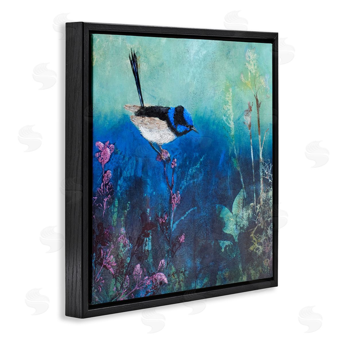 Trudy Rice Blue Bird Perched Sea Life Coral Underwater Scene Black Floating Frame Canvas Wall Art Print