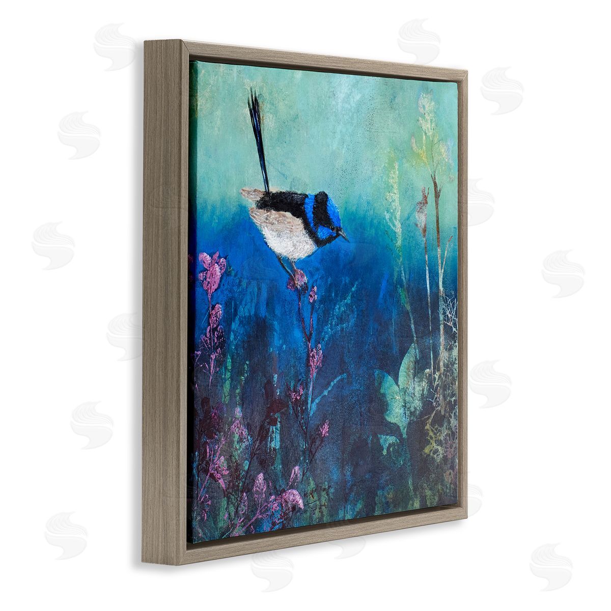 Trudy Rice Blue Bird Perched Sea Life Coral Underwater Scene Brown Floating Frame Canvas Wall Art Print