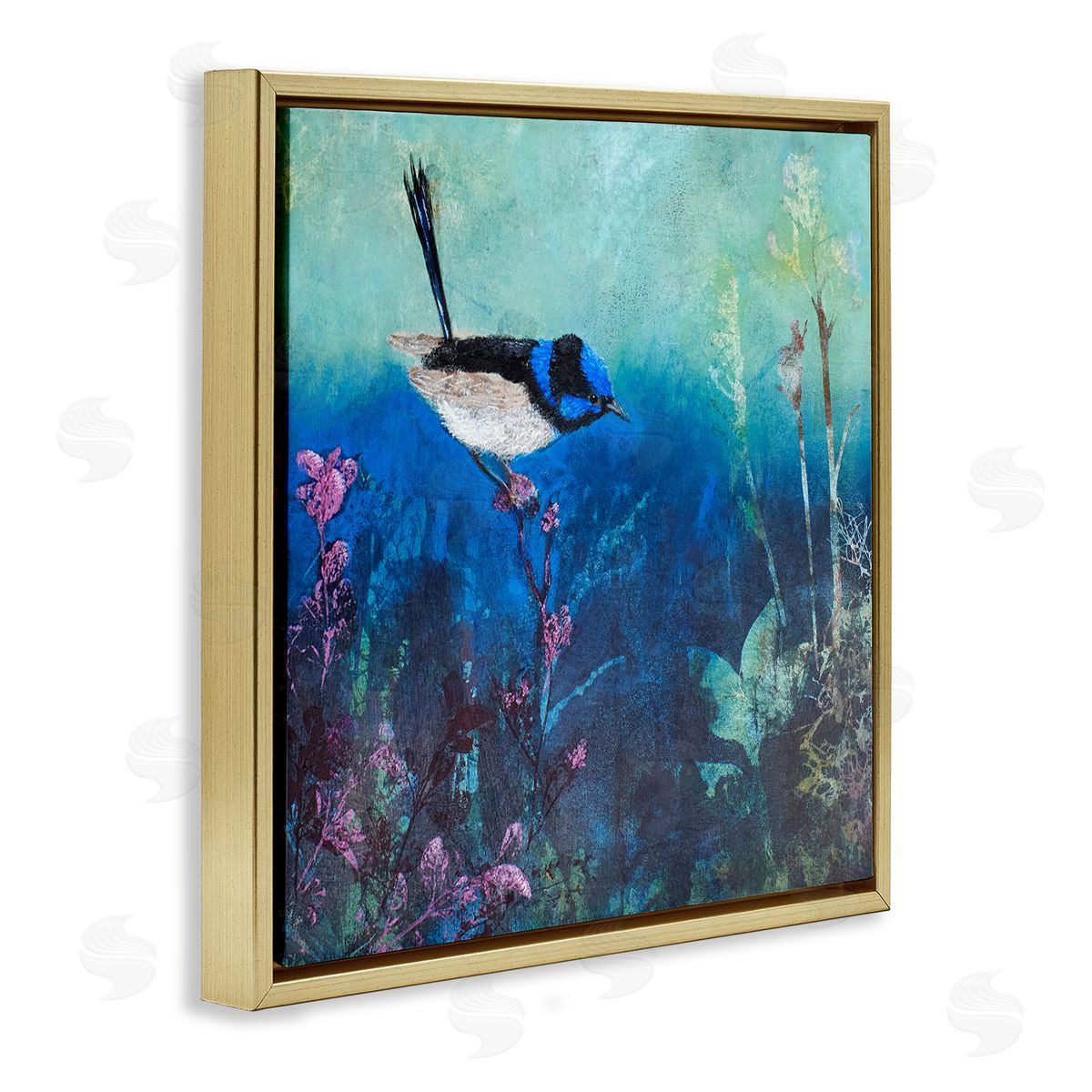 Trudy Rice Blue Bird Perched Sea Life Coral Underwater Scene Gold Floating Frame Canvas Wall Art Print