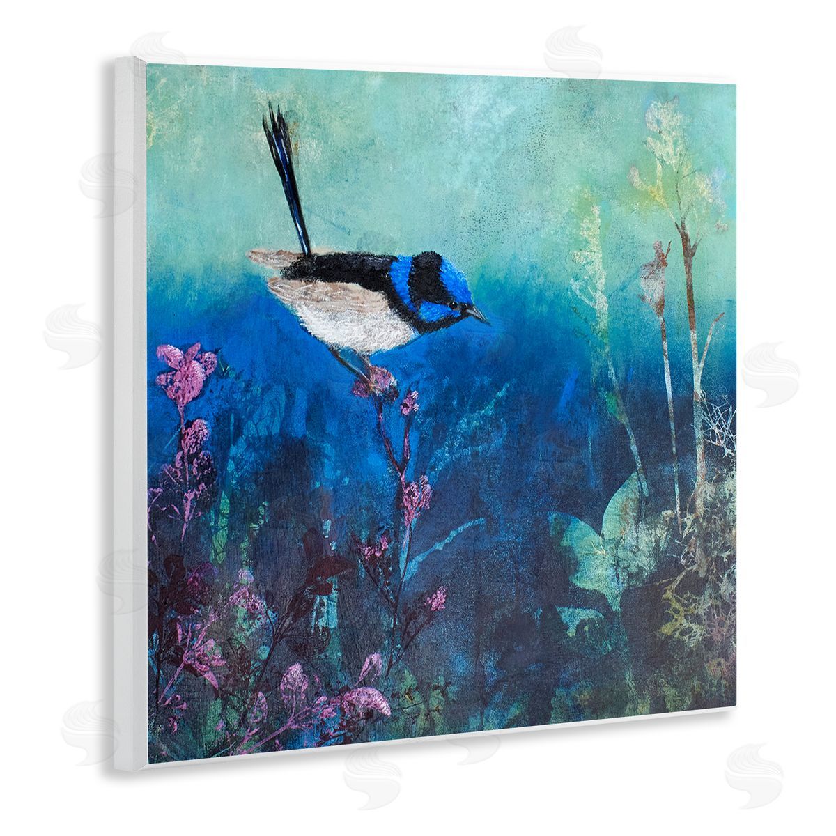 Trudy Rice Blue Bird Perched Sea Life Coral Underwater Scene Wooden Wall Plaque Art Print