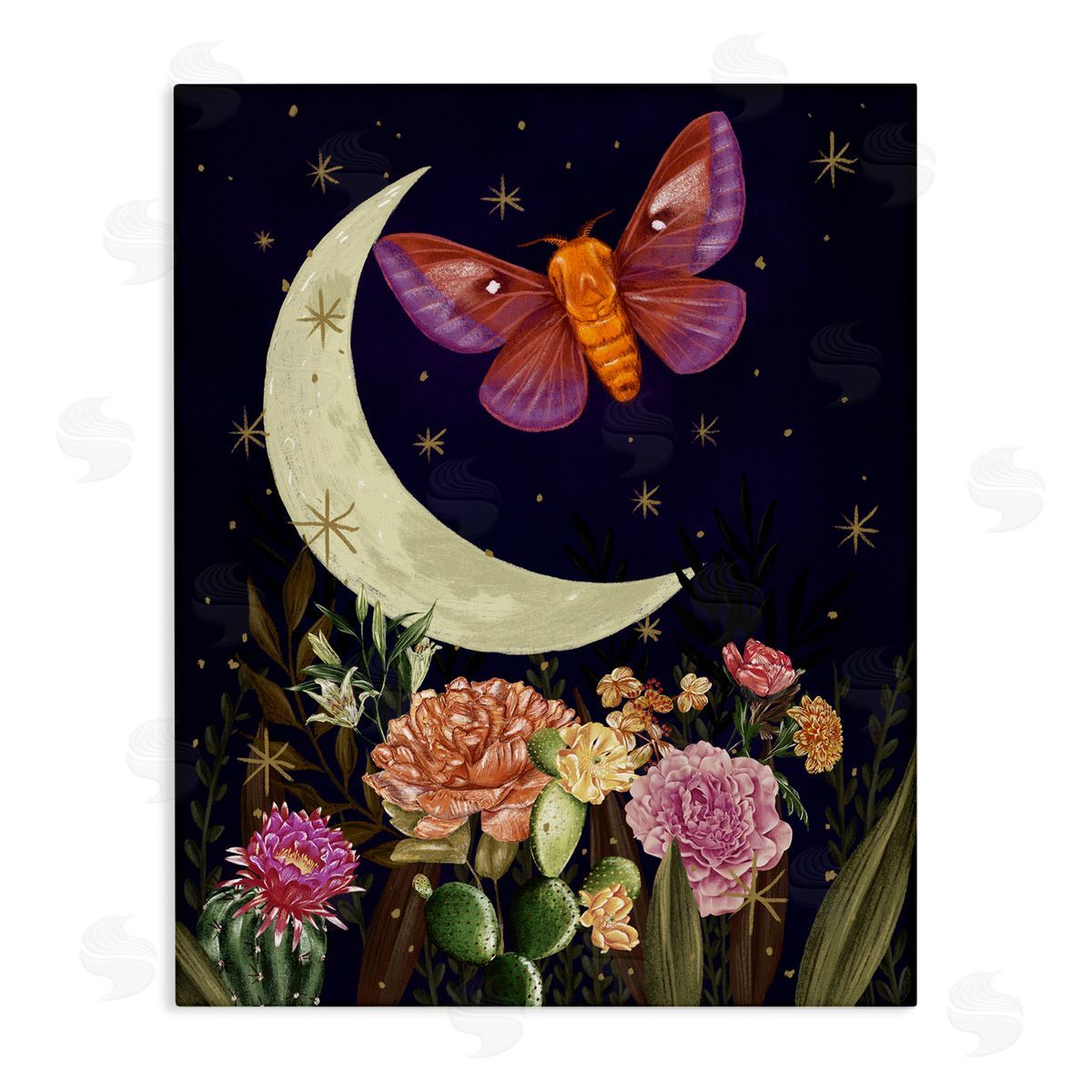 Raquel Maciel Lunar Butterfly Flying Night Sky Floral Garden Stretched Canvas Wall Art Print