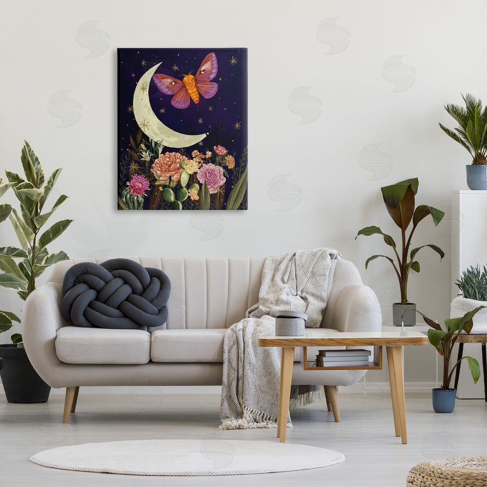 Raquel Maciel Lunar Butterfly Flying Night Sky Floral Garden Canvas Wall Art Print in Room