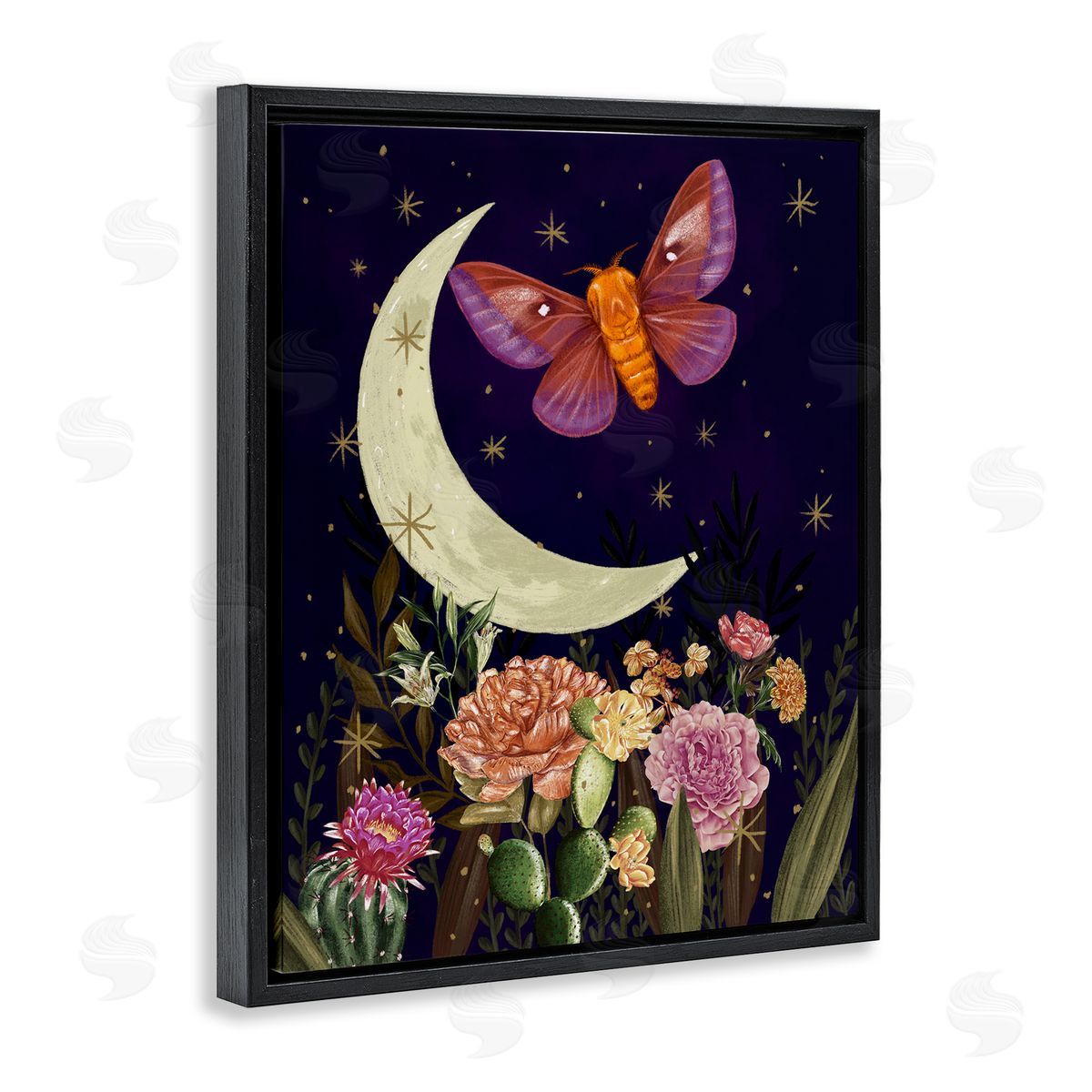 Raquel Maciel Lunar Butterfly Flying Night Sky Floral Garden Black Floating Frame Canvas Wall Art Print