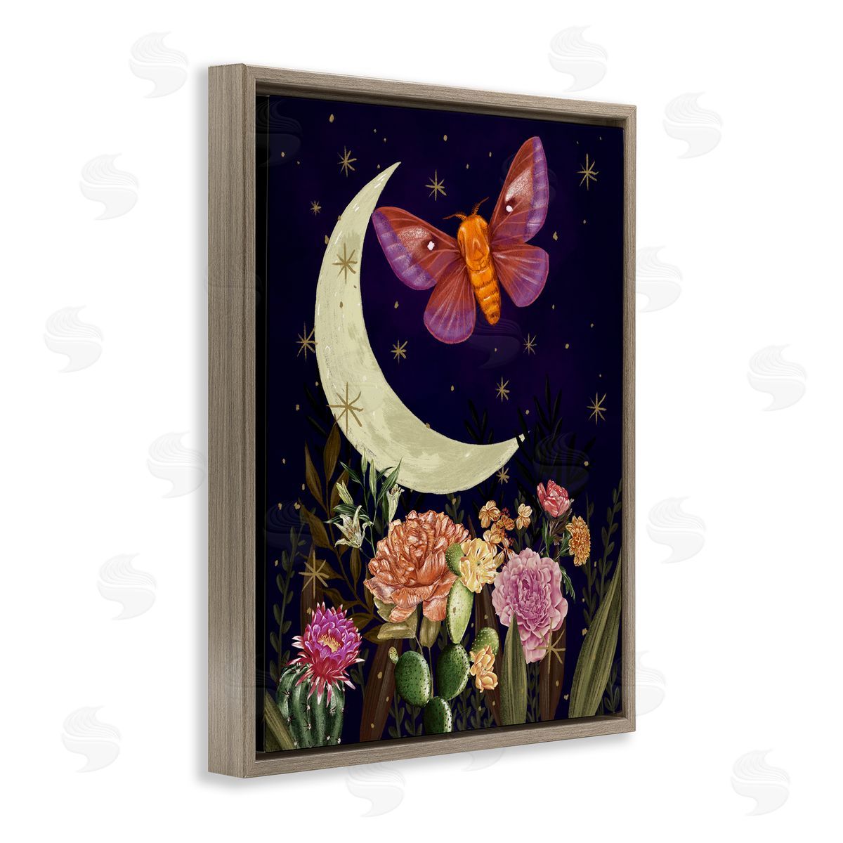 Raquel Maciel Lunar Butterfly Flying Night Sky Floral Garden Brown Floating Frame Canvas Wall Art Print