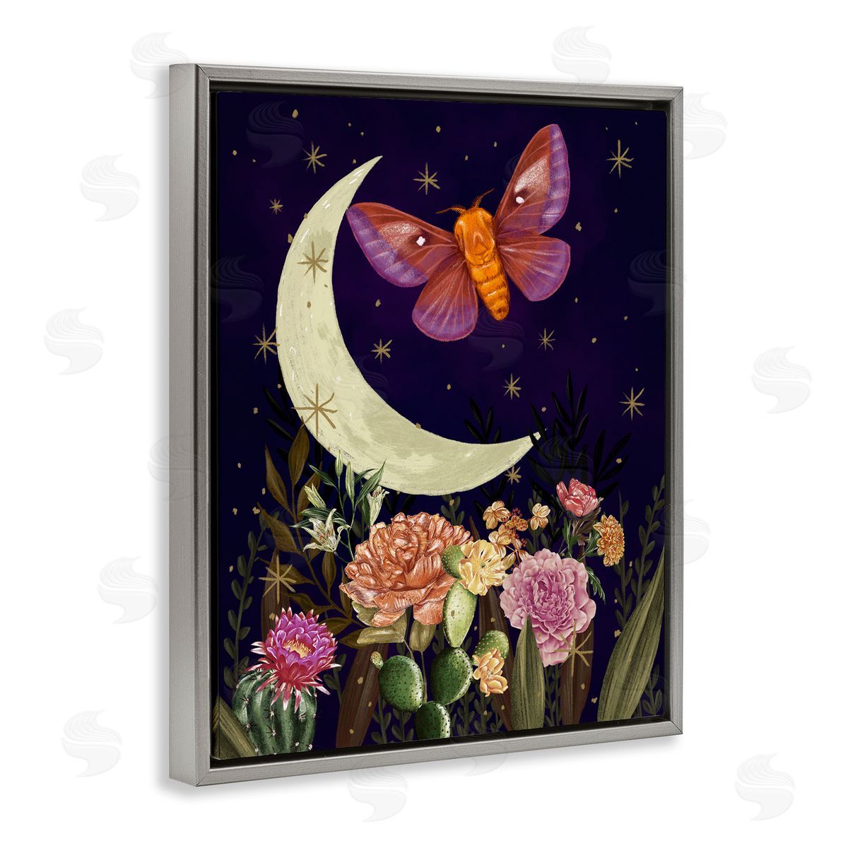 Raquel Maciel Lunar Butterfly Flying Night Sky Floral Garden Gray Floating Frame Canvas Wall Art Print